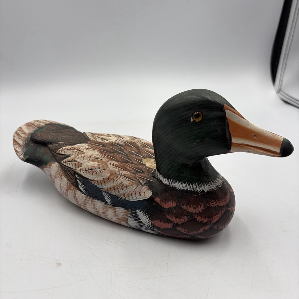 Hand Painted Wooden Mallard Duck, 9" Decoy Decor Country Core Outdoor Glass Eyes